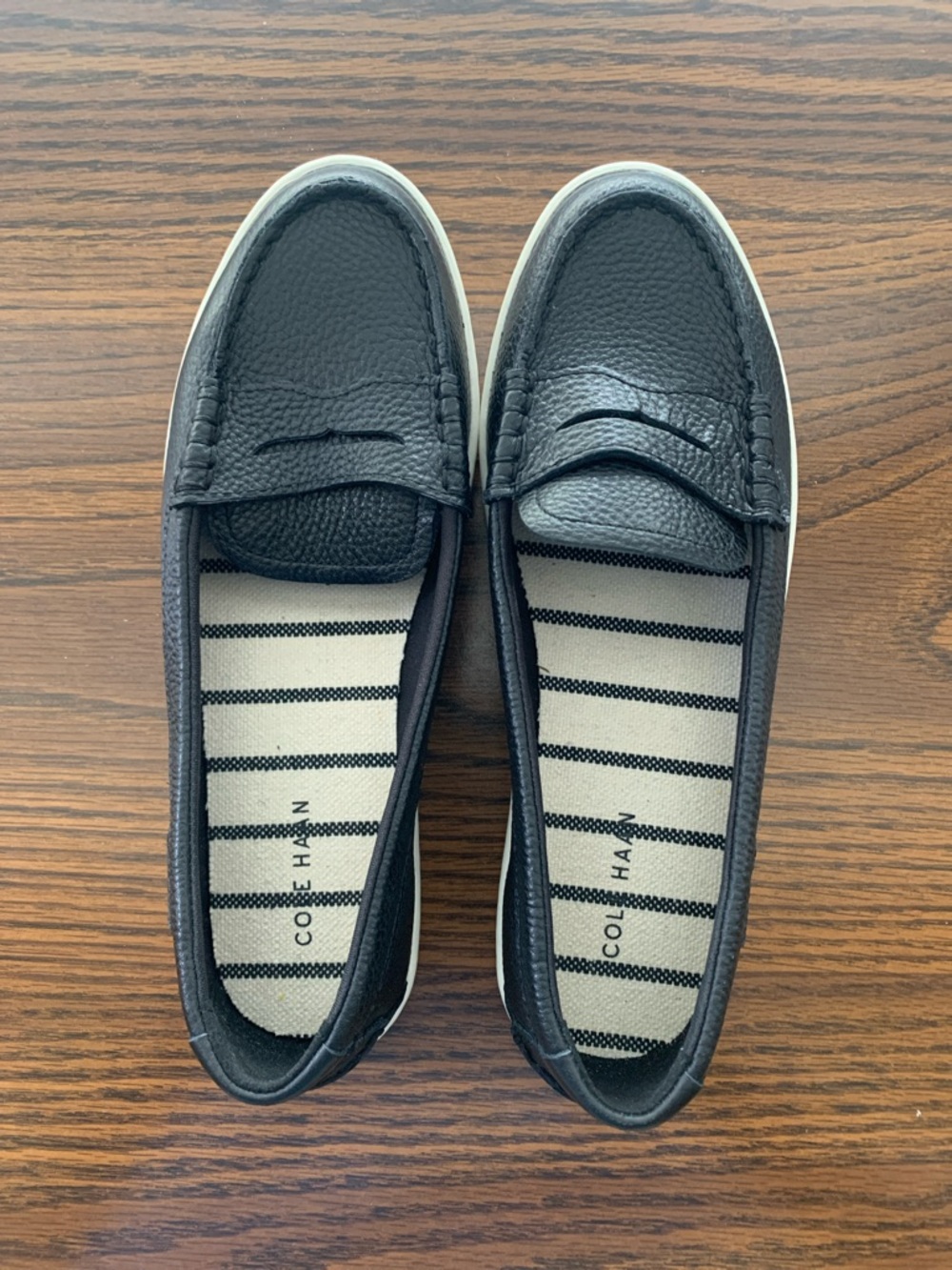 Cole Haan Black Pebbled Leather Penny Loafers with Striped Insole
